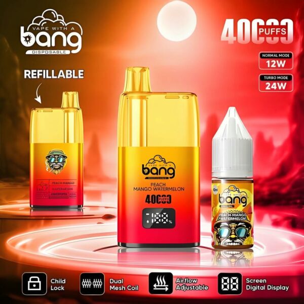 Bang 40,000 Puffs Oil Vape: 650mAh Battery, 10mL Refillable Tank, Adjustable Airflow & Child Lock for Ultimate Control