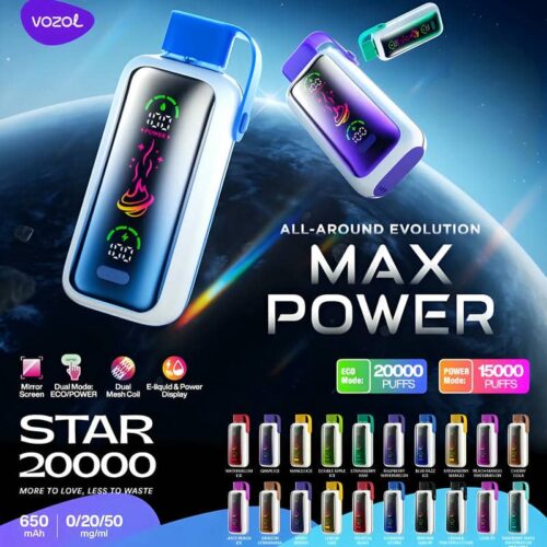 Vozol Star 20K – 20,000 Puffs Disposable Vape | Dual Mesh Coil | Eco & Power Modes | Mirror Display | Type-C Rechargeable