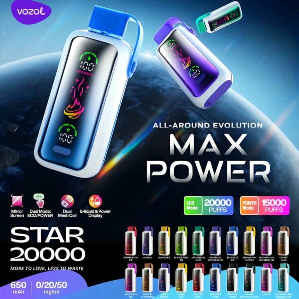 Vozol Star 20K – 20,000 Puffs Disposable Vape | Dual Mesh Coil | Eco & Power Modes | Mirror Display | Type-C Rechargeable