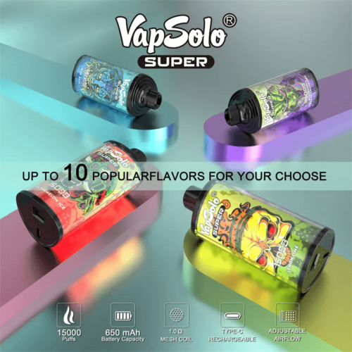 VapSolo Super 15000 Disposable Vape – 15,000 Puffs, 25mL E-liquid, Mesh Coil, Type-C Rechargeable, Adjustable Airflow
