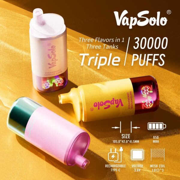 VapSolo Triple 30000 Puffs – Triple Flavor Disposable Vape with 45mL E-liquid, LCD Screen & Type-C Charging
