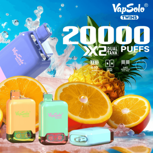 VapSolo Twins 20000 Puffs Disposable Vape – Dual Flavor, 25mL E-liquid, Rechargeable Battery, Mesh Coil, Adjustable Airflow