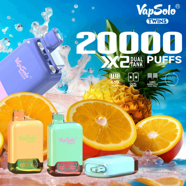 VapSolo Twins 20000 Puffs Disposable Vape – Dual Flavor, 25mL E-liquid, Rechargeable Battery, Mesh Coil, Adjustable Airflow